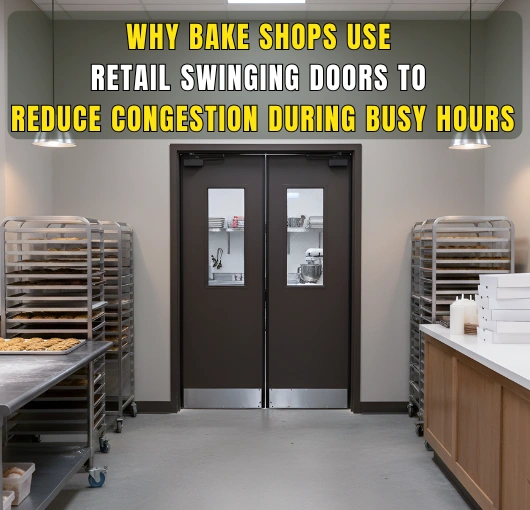Retail swinging doors used in bake shops to reduce congestion during busy service hours