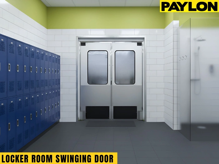 Silver double swinging door installed between locker room lockers and shower area, designed for clean and efficient movement.