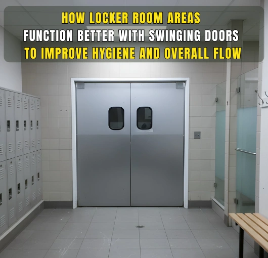 Silver double swinging doors in a tiled locker room used to separate wet and dry zones and improve hygiene and flow.