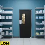 “Single PE-710 swinging door installed in a compact medical supply room, built for medium-traffic hospital areas with durable, hygienic surfaces.”