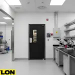 Single laboratory door with vision panel used to manage access between lab areas