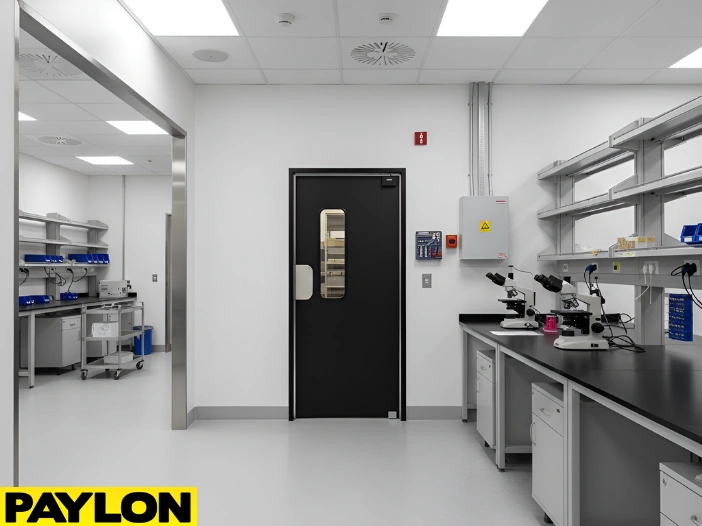 Single laboratory door with vision panel used to manage access between lab areas