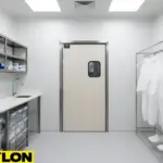 Single-panel beige clean room swinging door with a vision window and hanging protective garments on racks.