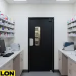 Single retail swinging door used in a pharmacy workroom to control staff access