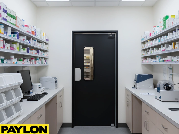 Single retail swinging door used in a pharmacy workroom to control staff access