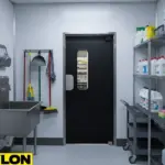 Single swinging door installed in a janitor closet for controlled maintenance access