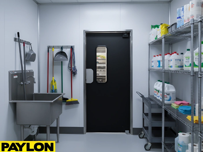 Single swinging door installed in a janitor closet for controlled maintenance access