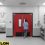 Staff member using laboratory swinging doors designed for clean area separation