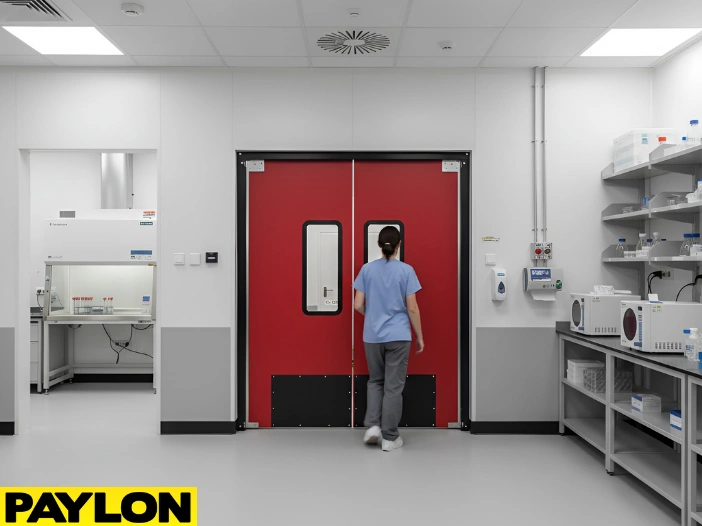 Staff member using laboratory swinging doors designed for clean area separation
