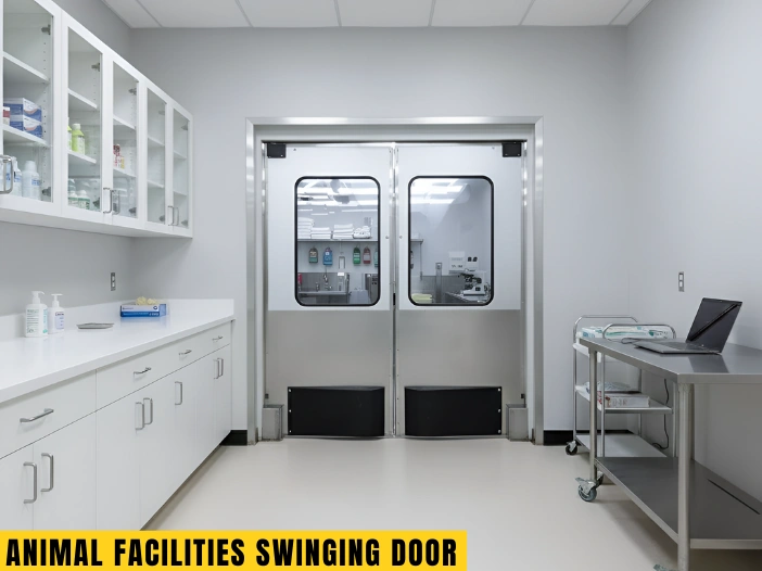 Stainless double swinging doors in an animal facility prep room with clear vision panels and easy-clean surfaces.