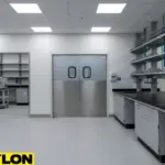 Stainless laboratory swinging doors installed between clean zones and work benches