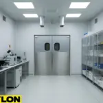 Stainless steel PE-Series double clean room doors with lab counters, shelving, and equipment in a controlled environment.