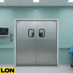 Sterile surgery room with stainless steel double swinging doors and medical equipment.