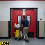 Swinging doors in janitor closet supporting hands full maintenance workflows