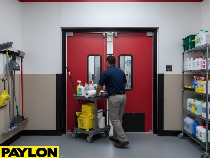 Swinging doors in janitor closet supporting hands full maintenance workflows