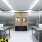 Tan industrial swinging door in an egg processing prep room with stainless steel tables and egg trays.