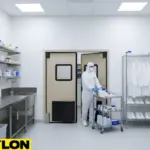 Technician in clean room protective gear pushing a cart through dark brown PE-Series swinging doors.