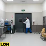Veterinary staff member pushing open dark gray double swinging doors in an animal care corridor.