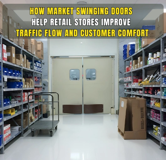 Warehouse stockroom aisle with beige PE-Series swinging doors and organized shelving