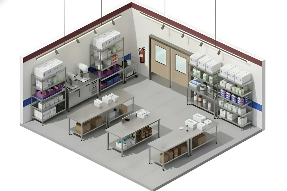 Well-organized medical supply room with impact-resistant swinging doors providing easy access and efficient workflow for hospital staff.