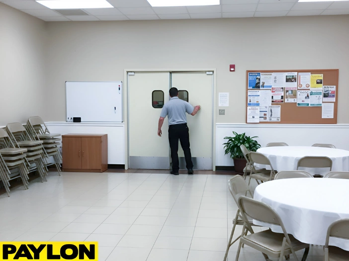 “White double swinging door in a church event room with folding chairs and bulletin board.”
