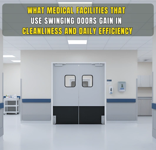 White medical swinging door in a hospital corridor, used to support hygiene control, staff movement, and efficient daily workflows.