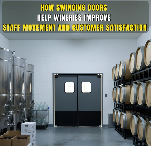 Winery swinging doors in a cellar walkway with stainless tanks and barrel racks showing how they improve staff movement.