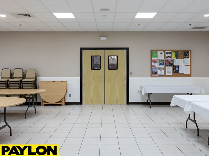 Wood-finish PE-Series swinging doors in a church fellowship hall with tables and bulletin boards.