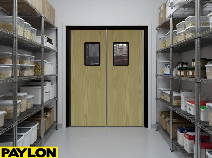 Wood-look swinging doors separating pantry storage from back-of-house work areas