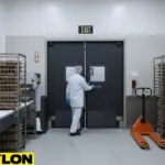 Worker entering through a gray industrial swinging door in an egg processing area with racks and conveyor equipment.