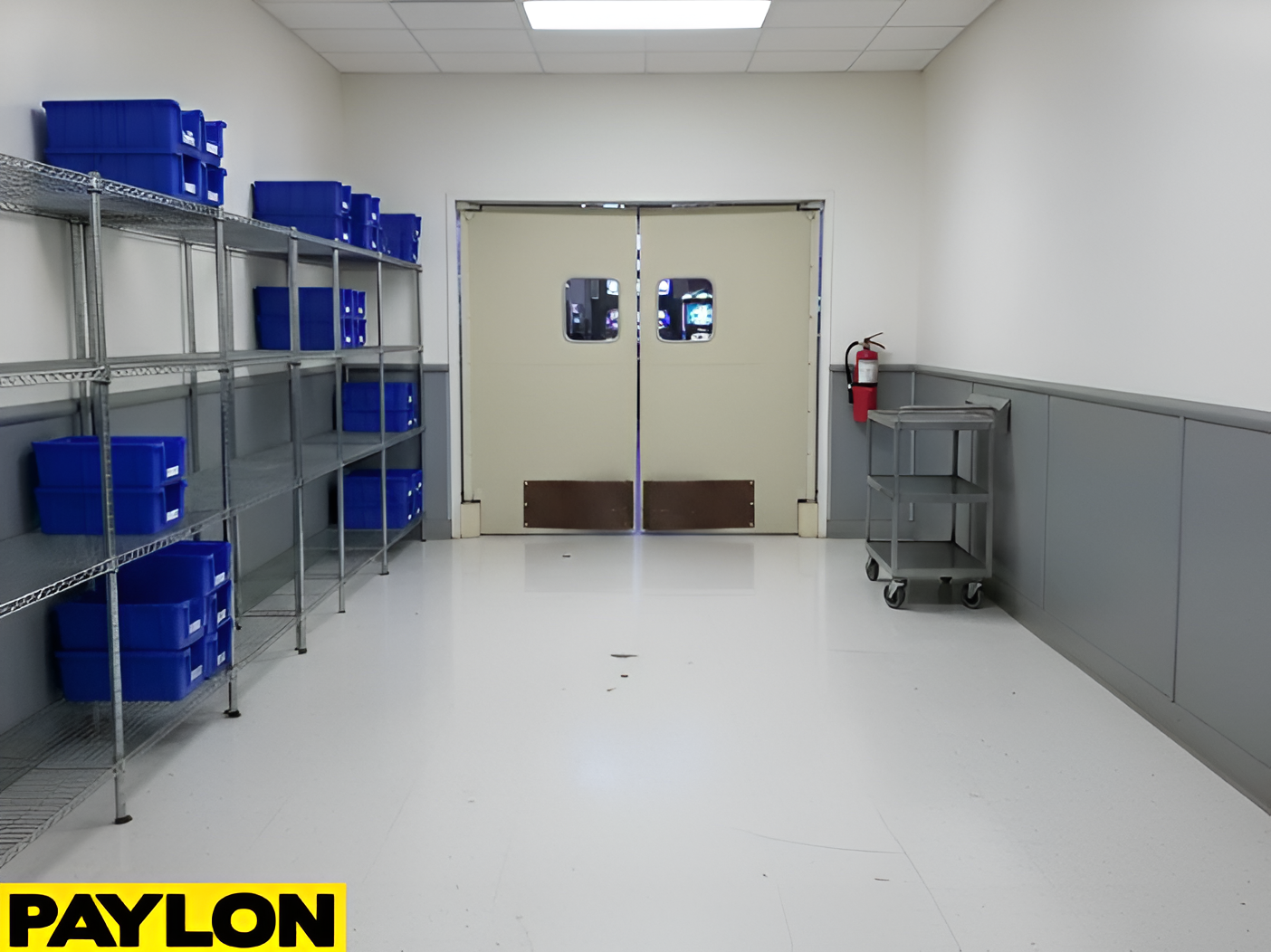 Back-of-house casino corridor with storage shelving and double doors supporting staff circulation and supply movement.