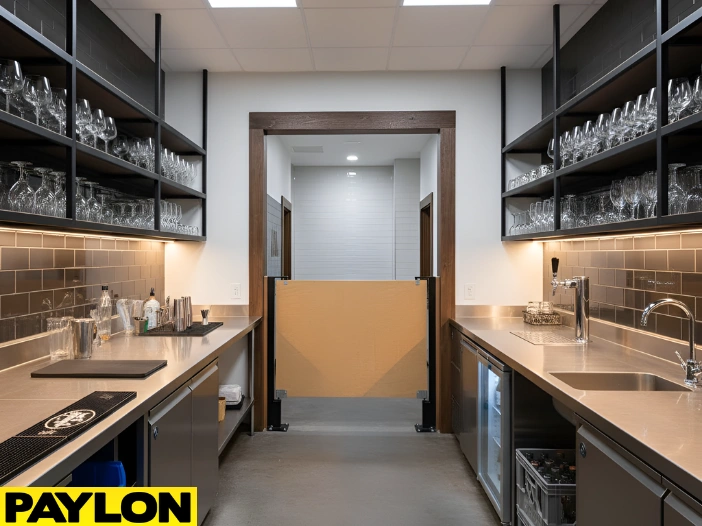 Bar swinging door with reinforced hinges and kick plates in a busy back-of-house bar setup.