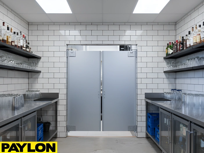 Bar swinging doors in a commercial kitchen with clear visibility panels, allowing safe two-way staff movement.