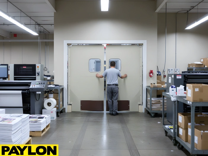 Beige double swinging doors in printing facility with staff moving materials through door, demonstrating hands-free operation