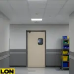 Beige swinging door at the end of a clean service hallway, with carts and bins along the wall, illustrating a corridor with steady staff movement.