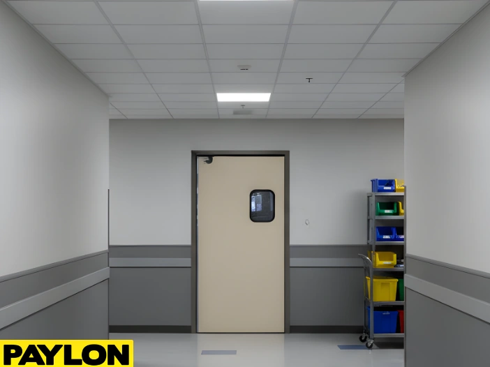 Beige swinging door at the end of a clean service hallway, with carts and bins along the wall, illustrating a corridor with steady staff movement.