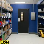 Black swinging door in a storage corridor with stocked shelves, bins, and boxes, showing a busy service area with organized supplies.