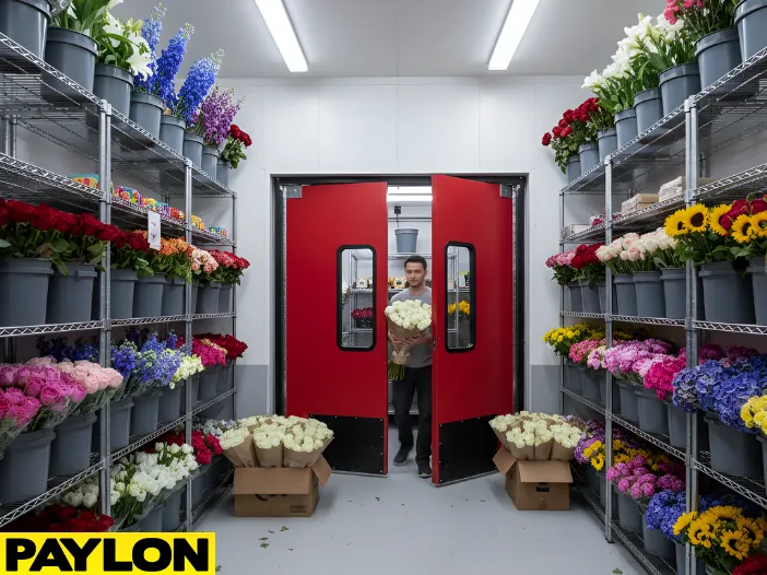 Busy floral cooler environment with staff moving flowers through high-use cooler access doors