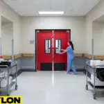 Caregiver using nursing home swinging doors for hands-free access in a busy hallway