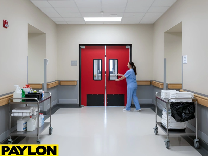 Caregiver using nursing home swinging doors for hands-free access in a busy hallway