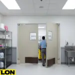 Cleaning staff moving a cart through swinging doors during active cleaning room operations