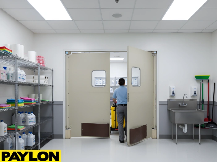 Cleaning staff moving a cart through swinging doors during active cleaning room operations
