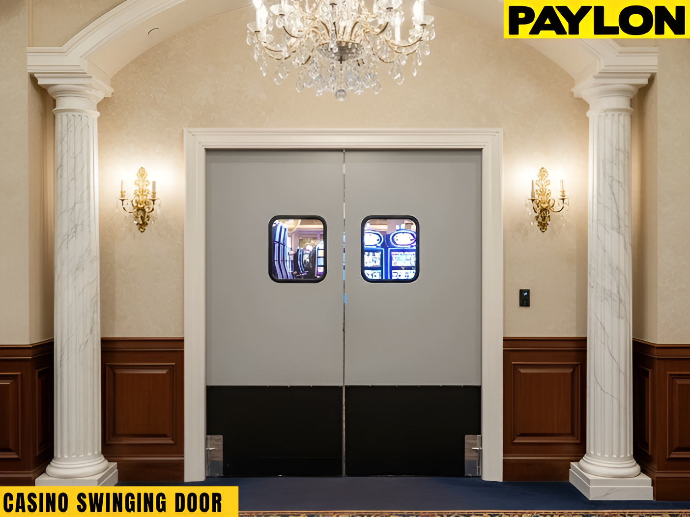 Closed double doors separating a casino gaming floor from a public corridor to help manage guest traffic flow.