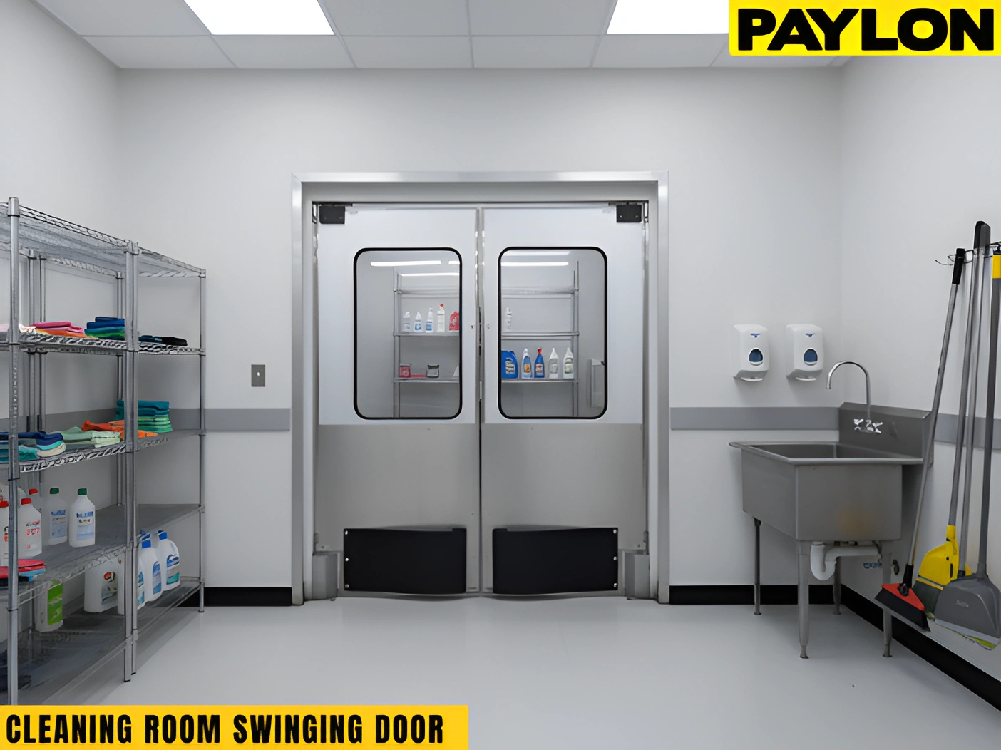 Closed swinging doors in a commercial cleaning room designed for consistent daily cleaning routines
