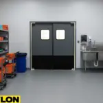 Commercial swinging doors used in a cleaning room with sinks and sanitation stations