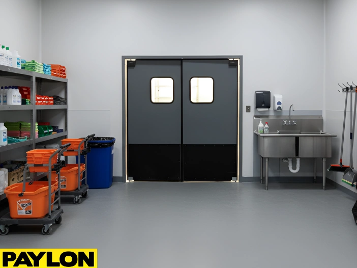 Commercial swinging doors used in a cleaning room with sinks and sanitation stations
