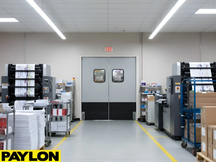 Double gray swinging doors in printing room with organized stacks of paper and ongoing production flow