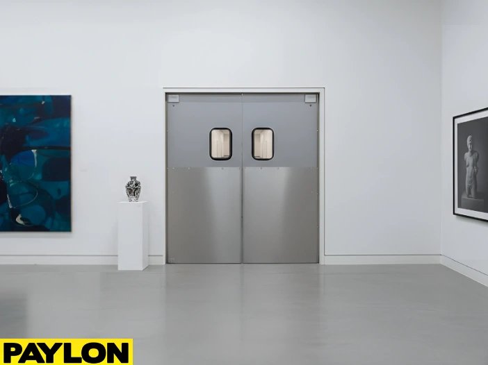 Double swinging doors at a gallery entrance separating exhibit rooms with steady visitor access