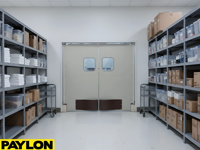 Double swinging doors in a staff supply area with shelving and clean back-of-house layout