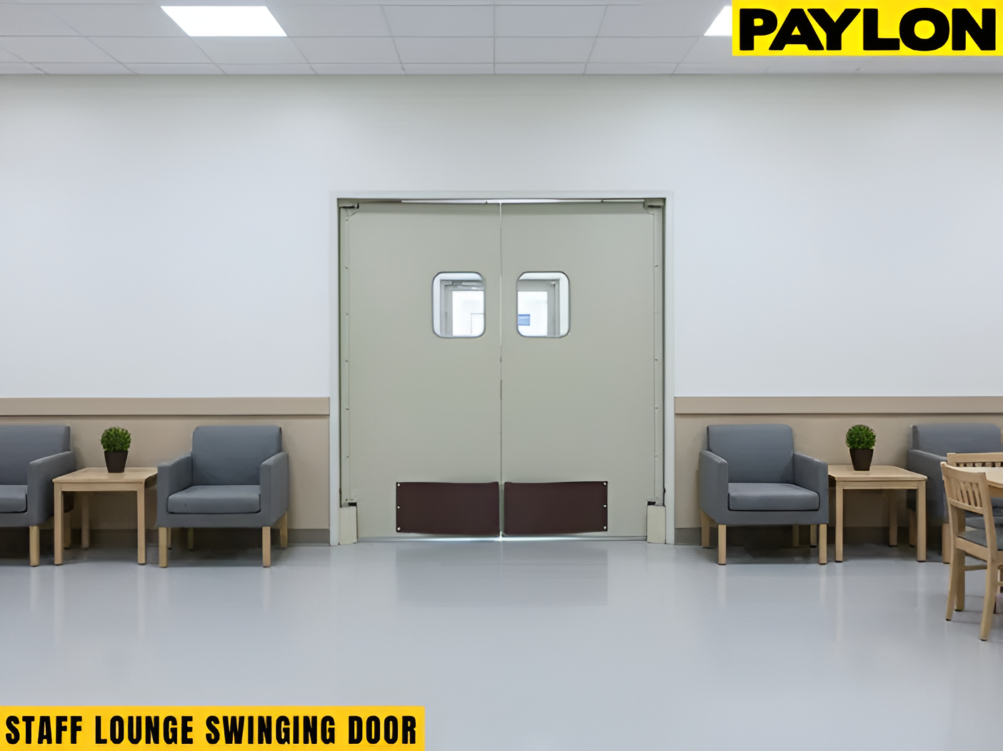 Double swinging doors separating an exhibit room from a seating and waiting area